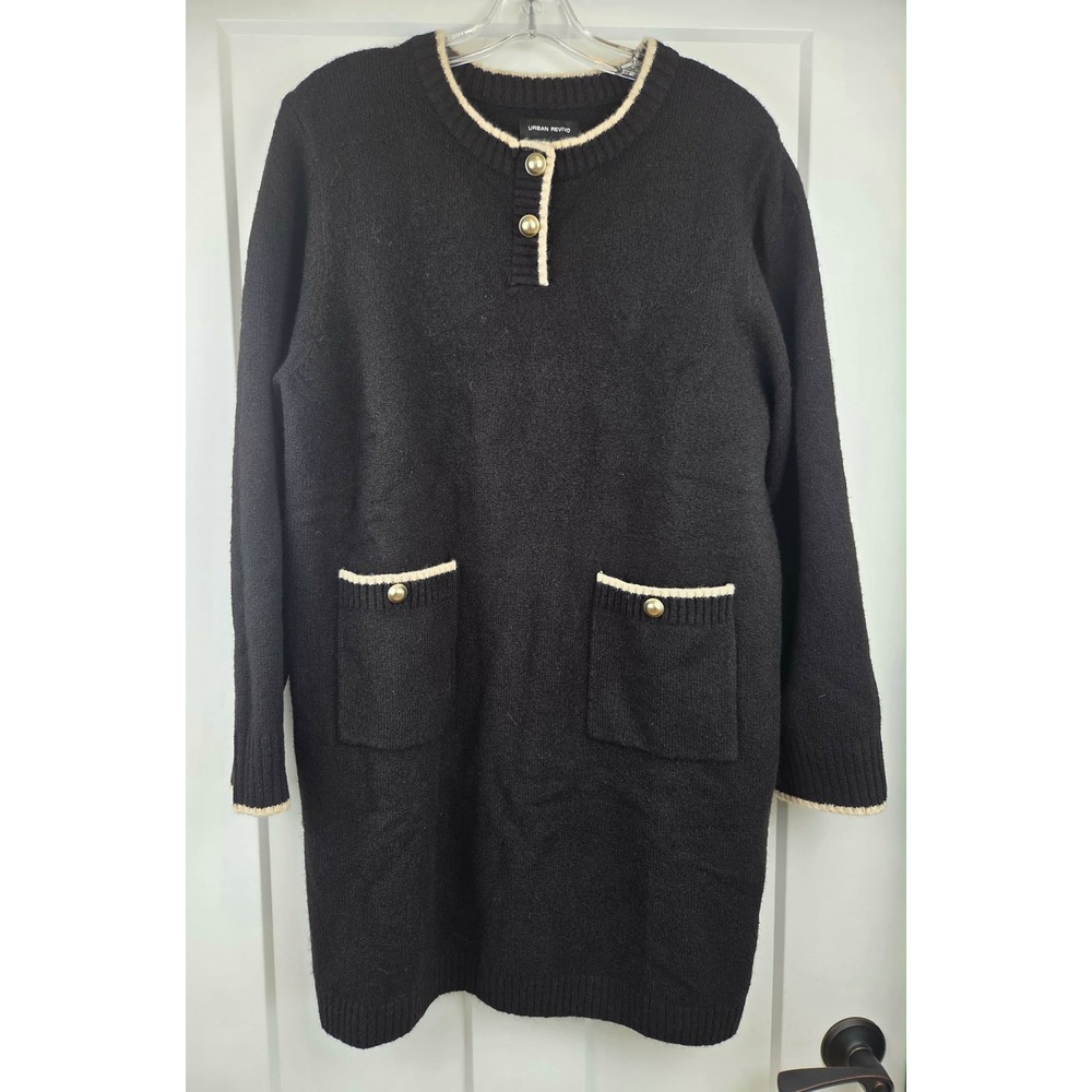 URBAN REVIVO Black Sweater Dress Gold Button Detail and Contrast Trim Size 6
